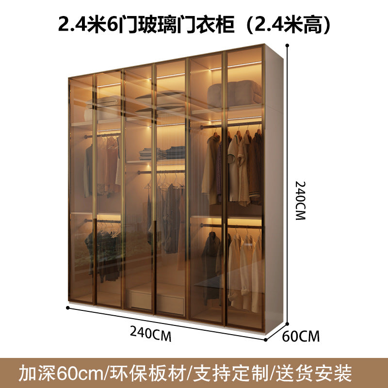 Glass Door Wardrobe with Lights, Solid Wood, Home Bedroom, Modern Simple European Pine Board, Cream Color, Skin Feel Storage, Large Wardrobe