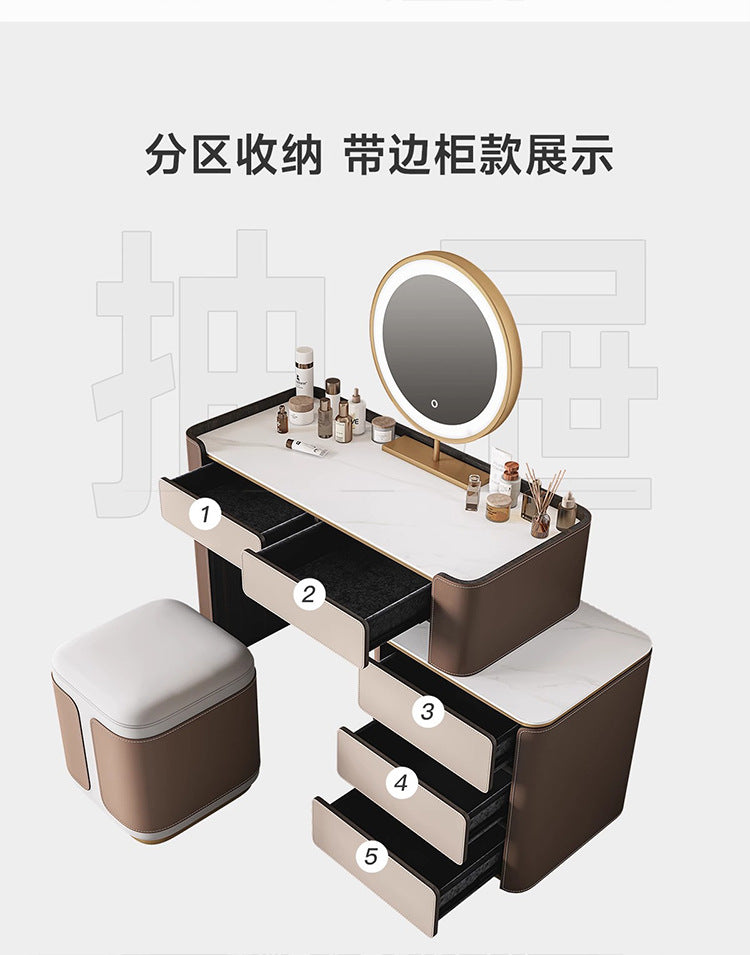Italian Minimalist Saddle Leather Solid Wood Dressing Table Small Apartment Rock Board Makeup Table Chest of Drawers Integrated Bedroom Makeup Table