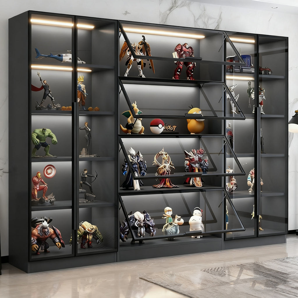 Custom Aluminum Alloy Bookshelf with Glass Doors, Dustproof, Light Luxury, Handcrafted Lego Model Display for Home Living Room