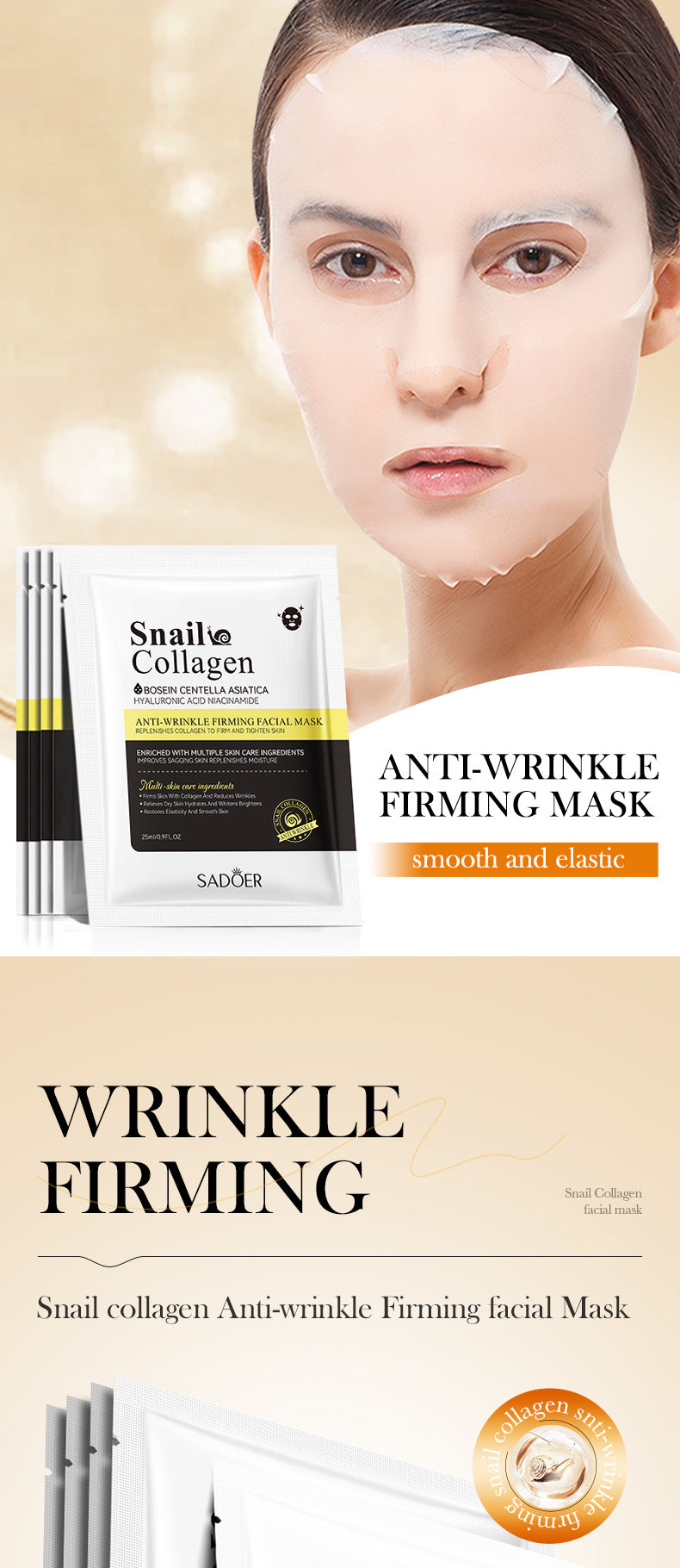 Full English Snail Face Mask SADOER Collagen anti-wrinkle firming delicate skin mask  wholesale