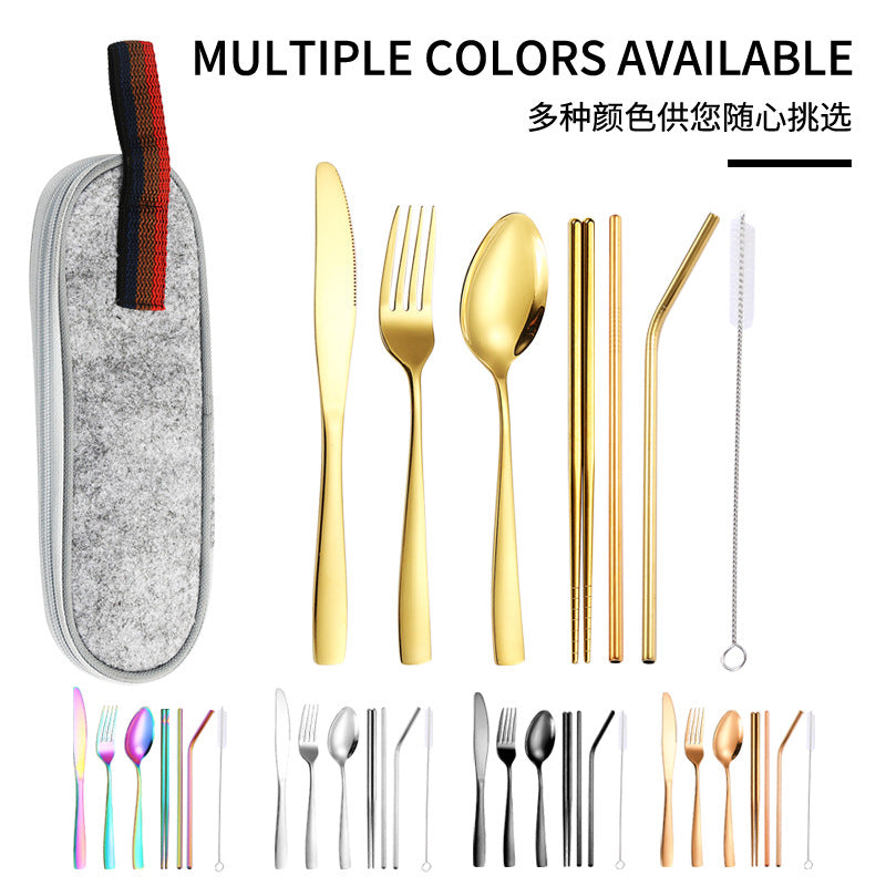 410Stainless Steel Portable Outdoor Camping Tableware Set304Stainless Steel Straw Knife Fork Spoon Chopsticks Seven-Piece Set