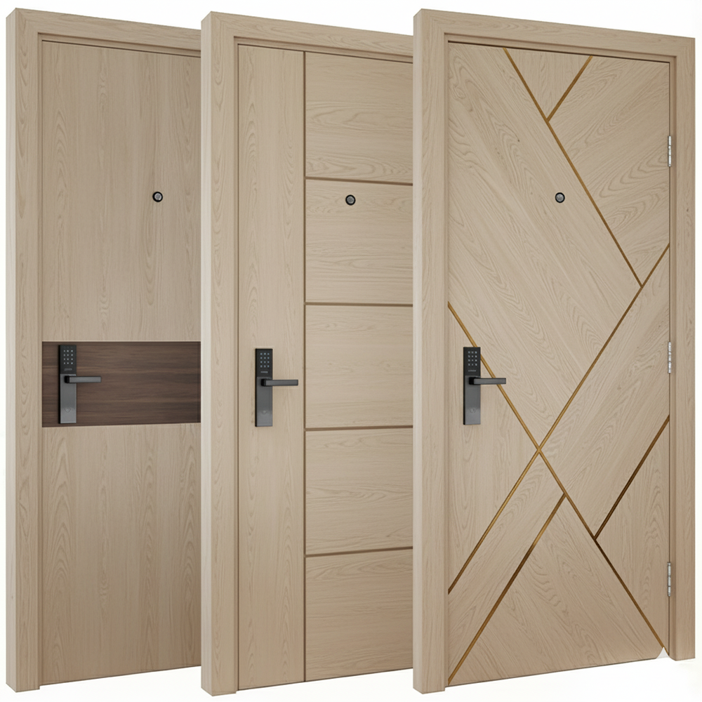 Modern Minimalist White Interior Wooden Door with Geometric Line Carved Luxury Apartment Hotel Room MDF Plywood Bedroom Doors