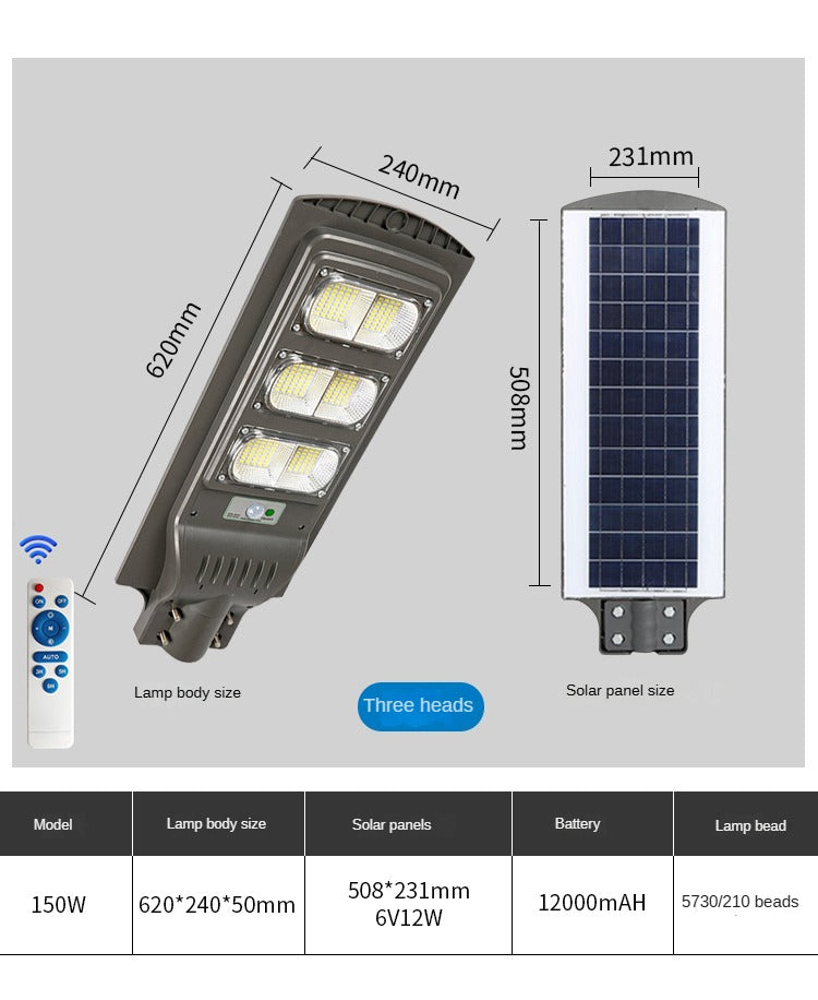 Integrated solar street light with human body induction for outdoor garden, automatic lighting, IP65 waterproof.