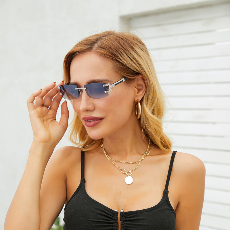 Imitation Wood Grain Leg Retro Sunglasses for Men Fashion Trend Diamond-Studded Rimless Sunglasses Men's Sun Protection Square Frame Glasses Street Style