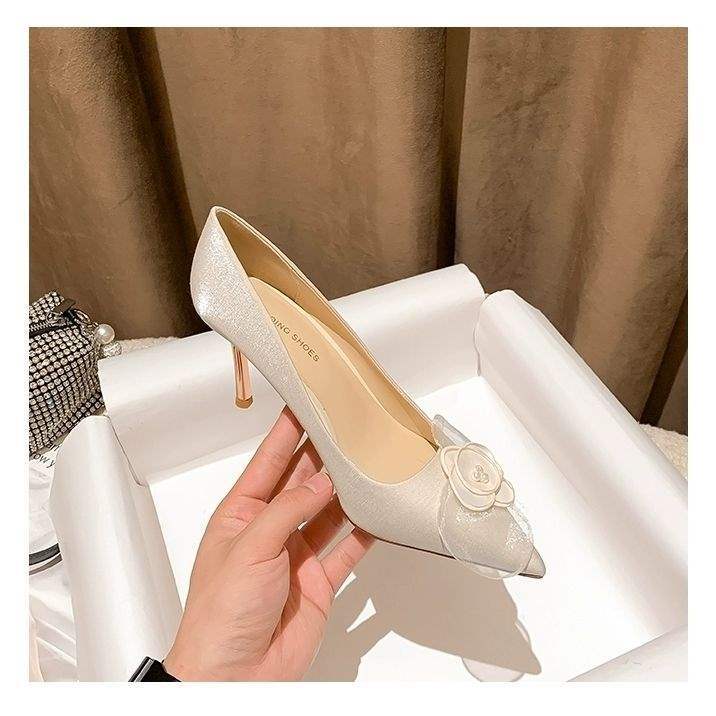 Champagne French Wedding Shoes for Women2025New Year's Bride and Bridesmaid Shoes, Comfortable Thin Heel High Heels with Unique Design