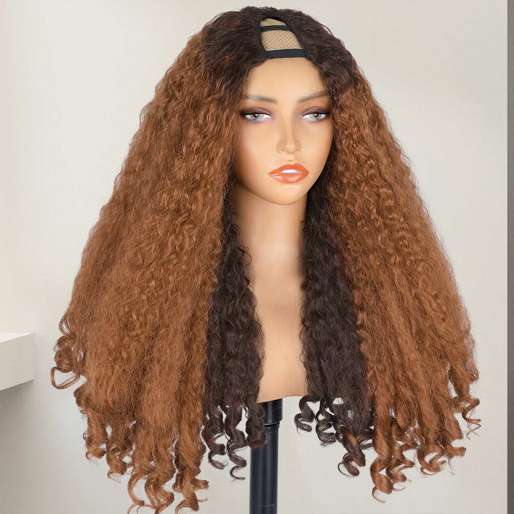 Africa YAKI Curl Synthetic Hair V part Wig Top of Head Hollow Out