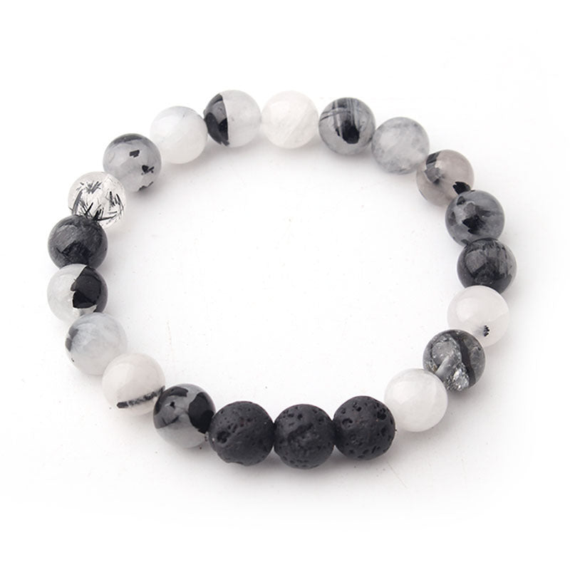 Buddha Pendant Bracelet Natural Stone Beaded Volcanic Stone Black Rutilated Quartz Bracelet8mm Single Loop Elastic Bracelet