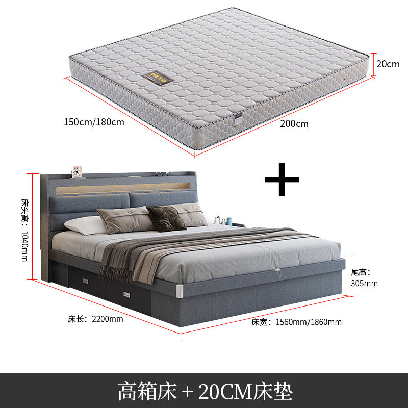 Technology Cloth Bed1.8Small Apartment Bedroom Double Bed Gray High Box Storage Bed with Technology Fabric Wear-Resistant Bed