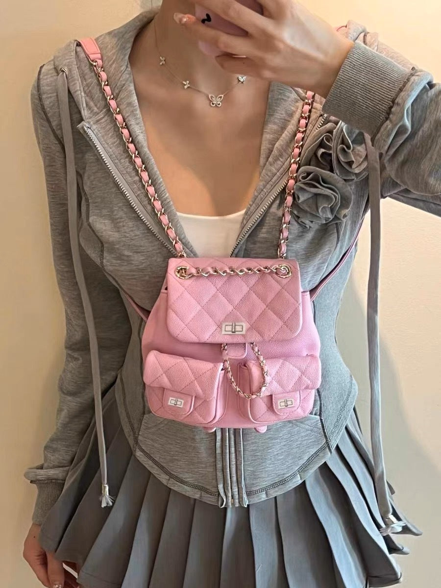 Internet Celebrity Same Style Fashion Versatile Small Chanel Style Diamond Double Shoulder Women's Bag Fashionable Backpack Japanese and Korean Style Women's Bag New Trendy