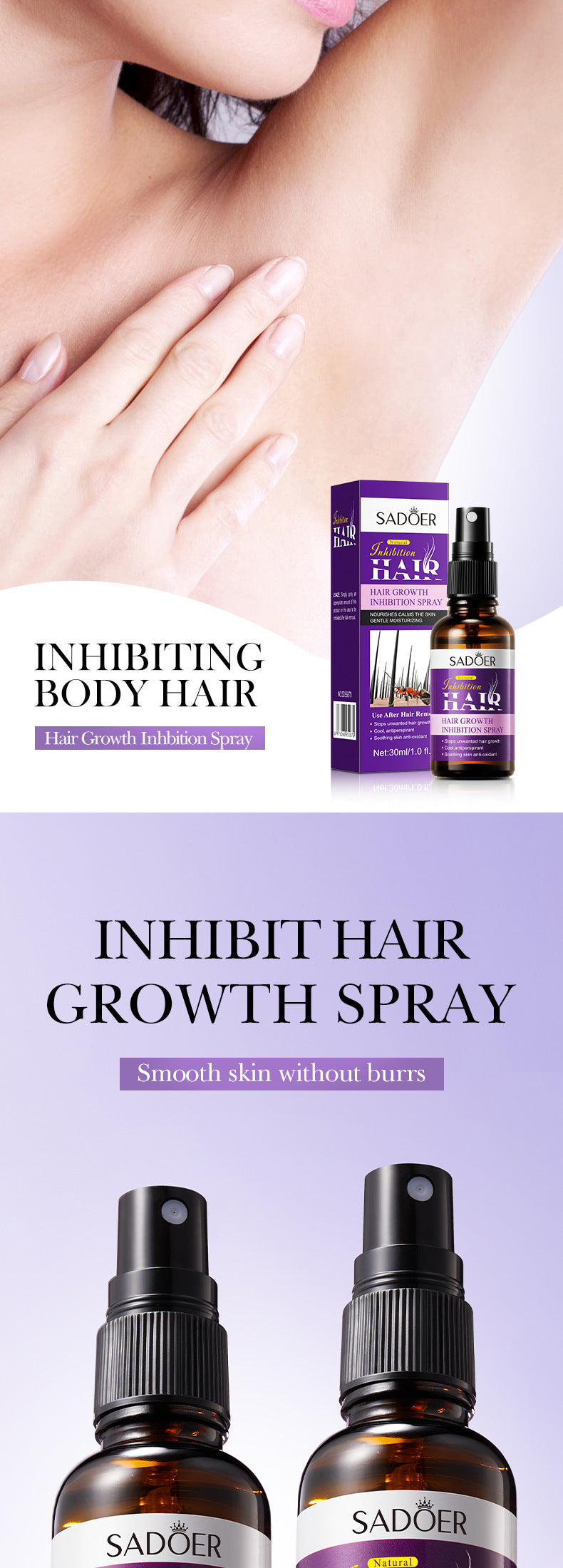 Full English Hair Growth Inhibitor Spray SADOER Inhibiting Underarm and Leg Hair Spray  Wholesale