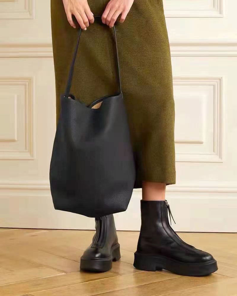 Women's Genuine Leather Underarm Bag, Large Capacity Single Shoulder Tote Bag, Top Layer Cowhide Commuter High-End Bucket Bag