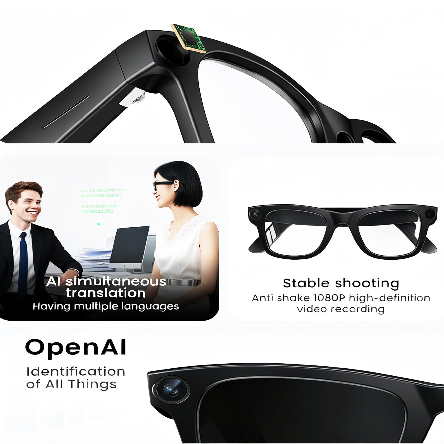 E03Smart Glasses800100 Megapixel Camera with Image Stabilization1200P Video Recording AI Simultaneous Translation Character Recognition
