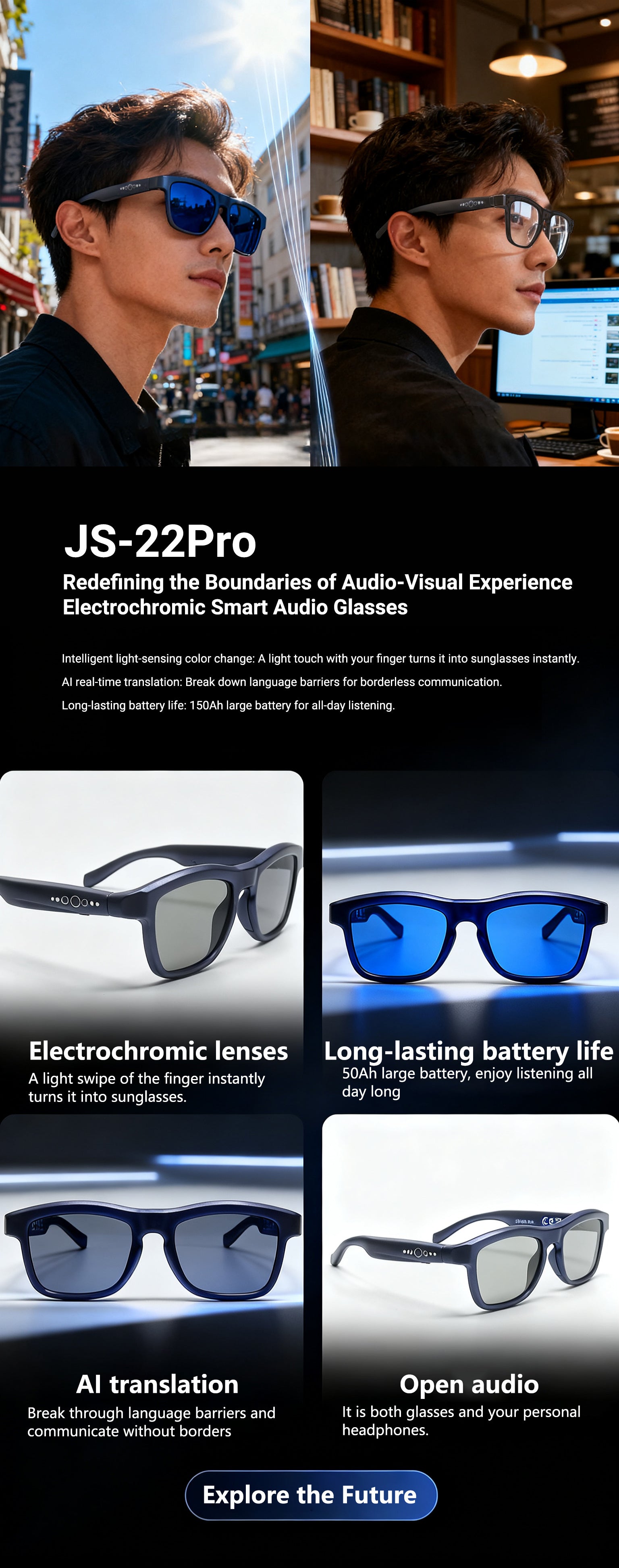 JS22 Pro Smart Glasses Bluetooth Call AI Real-time translation of meeting minutes with one-click color-changing lenses