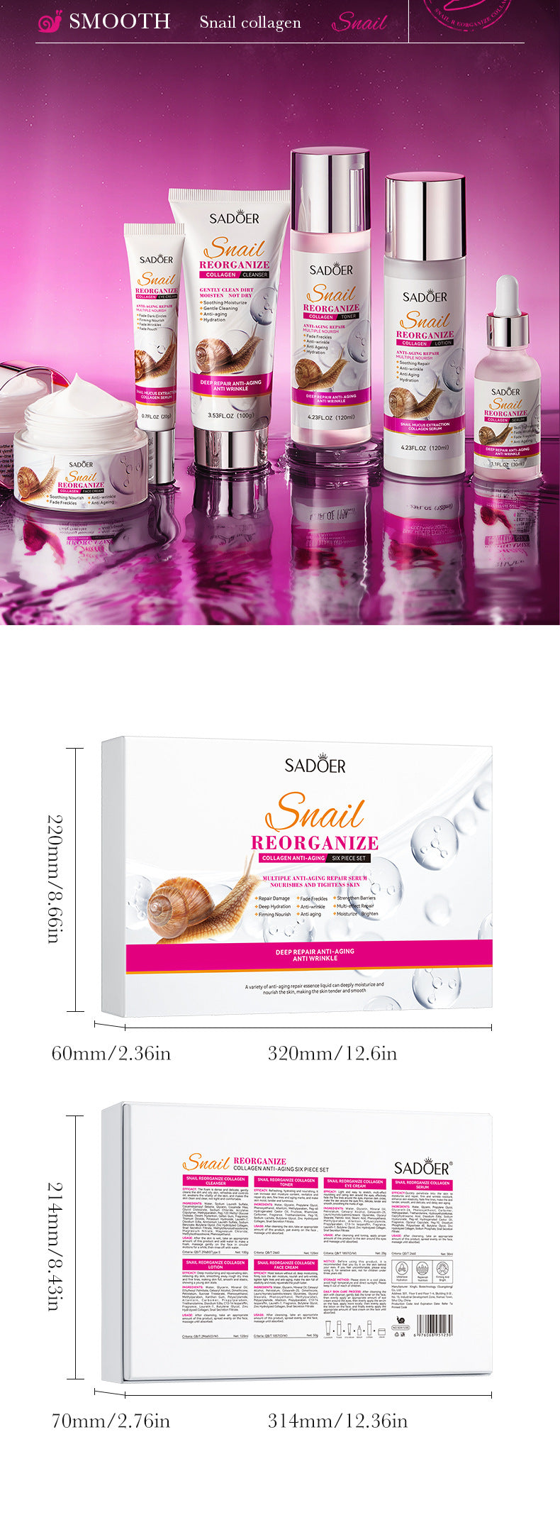 Full English SADOER Snail Restructured Collagen Six-piece Set Moisturizing skin care set  foreign trade wholesale
