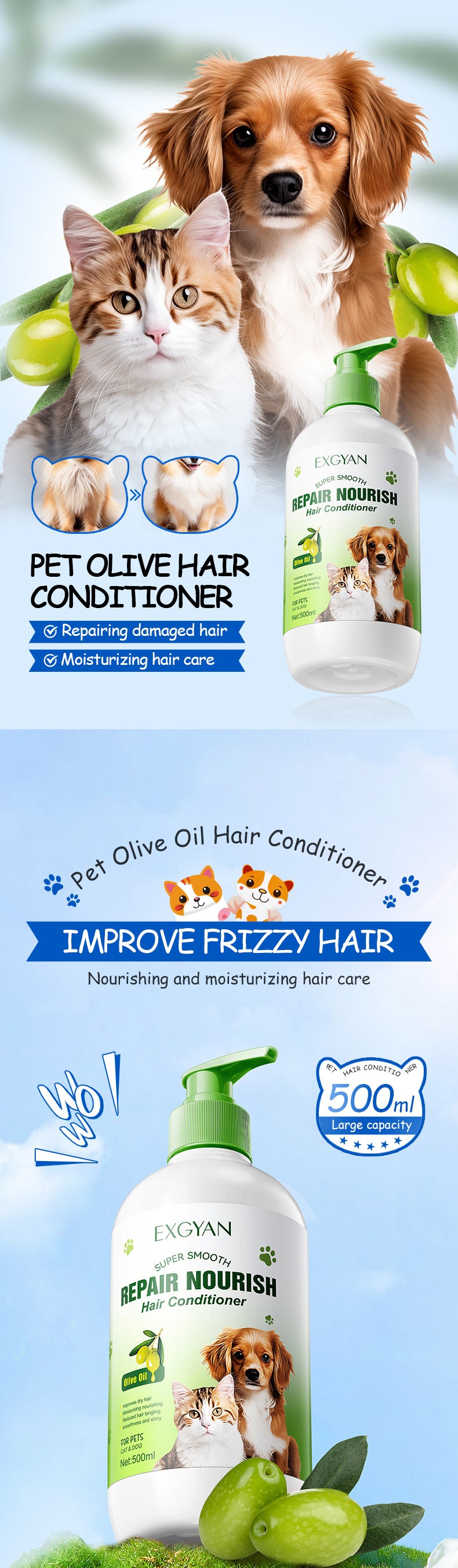 Pet Olive Conditioner EXGYAN Moisturizing and Beautifying Hair Conditioner for Cats and Dogs Cross-Border Wholesale