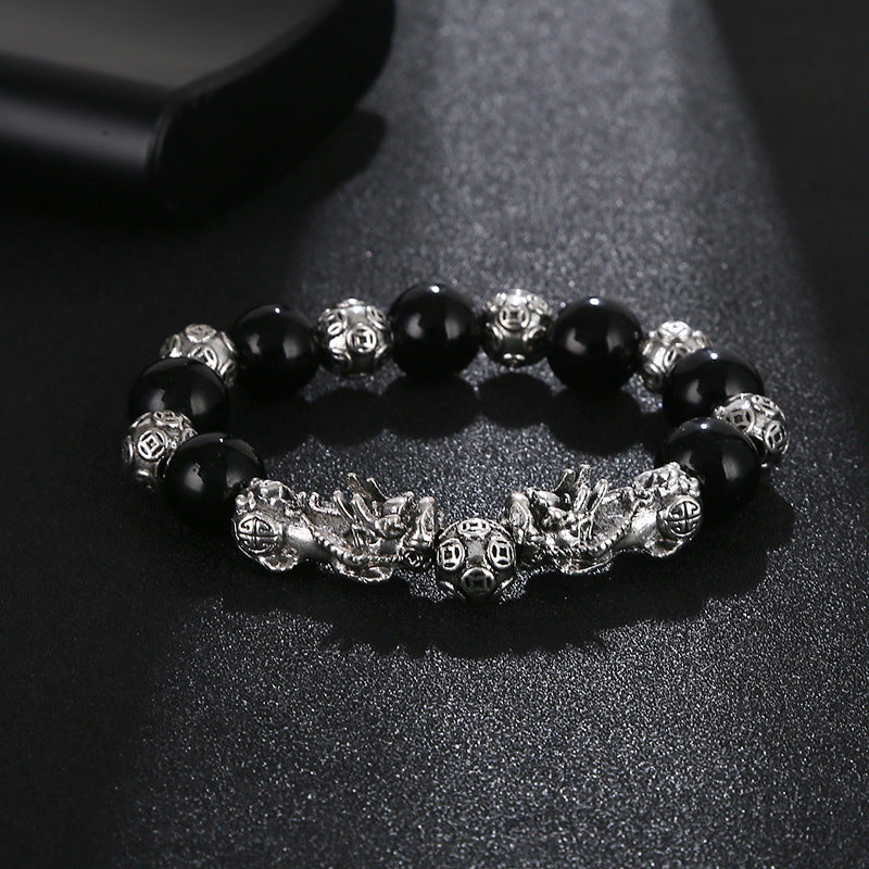 Imitation Obsidian silver Pixiu Bracelet for Women, Wealth-Attracting and Blessing Multi-Gem Bracelet with Six-Word Mantra Buddhist Beads Pixiu Bracelet