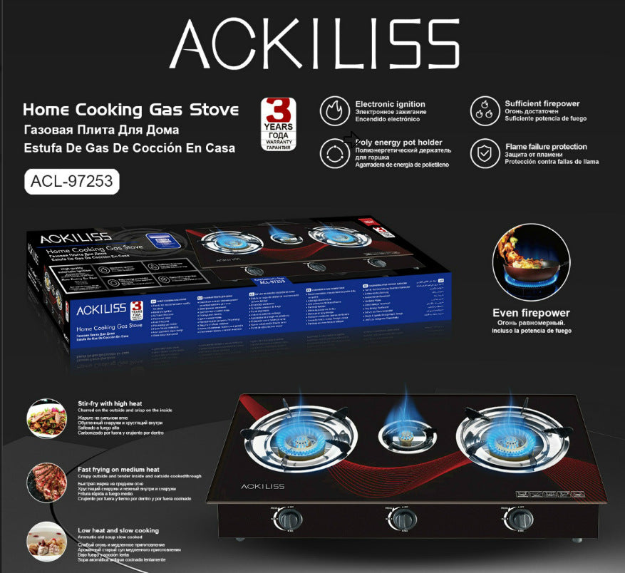 RAF Tabletop Flameout Protection Glass Rotating Fire Intense Gas Stove Three Burners Household Liquefied Gas Stove R.8052