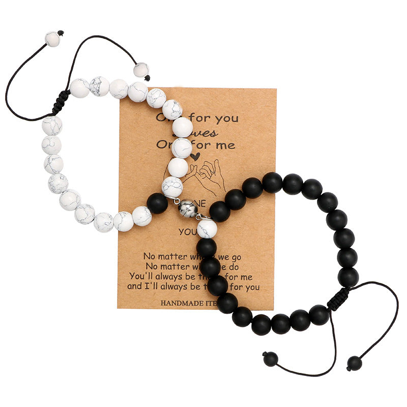 New Couple Card Bracelet Pink Quartz Volcanic Stone White Pine Heart Magnet Pink Quartz Couple Bracelet