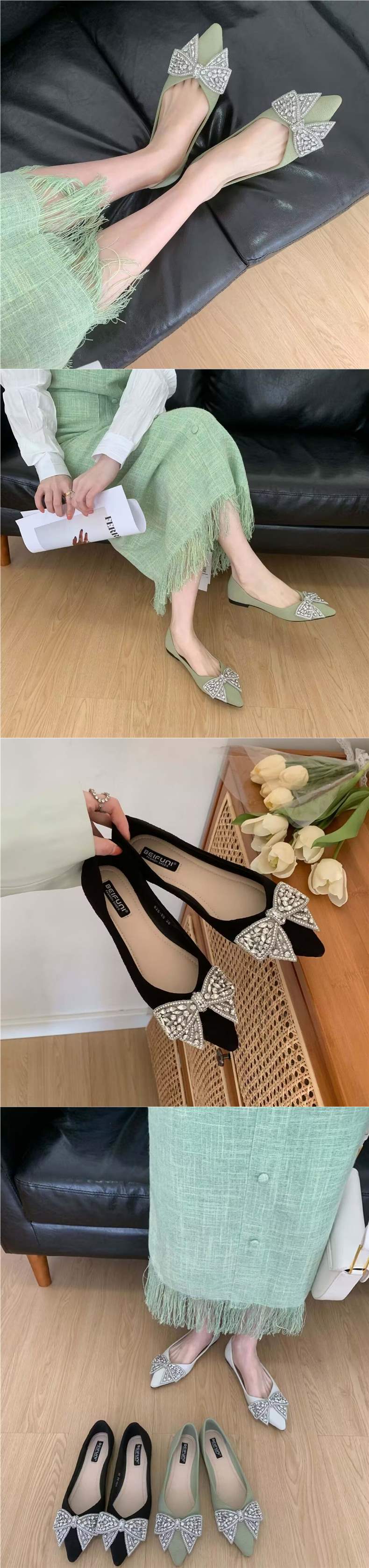 Pointed Toe Women's Single Shoes2025Spring and summer new style rhinestone bowknot soft sole versatile elegant flat loafers