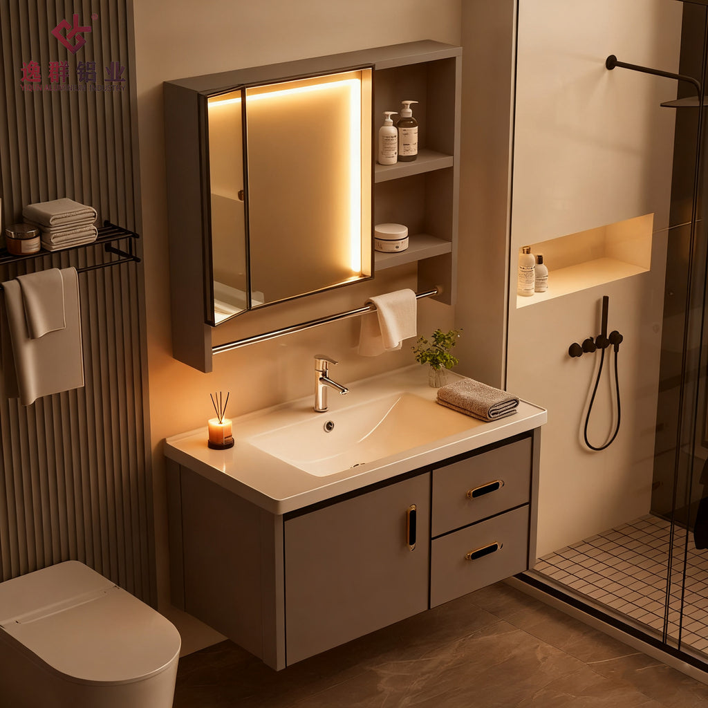 Aluminum Alloy Double Drawer Waterproof Wash Basin Bathroom Set Ceramic Integrated Basin Custom Cabinet