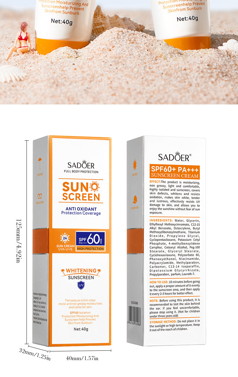 Full English SPF60+Sunscreen40g SADOER Isolation UV Protection Sunscreen Lotion  Wholesale