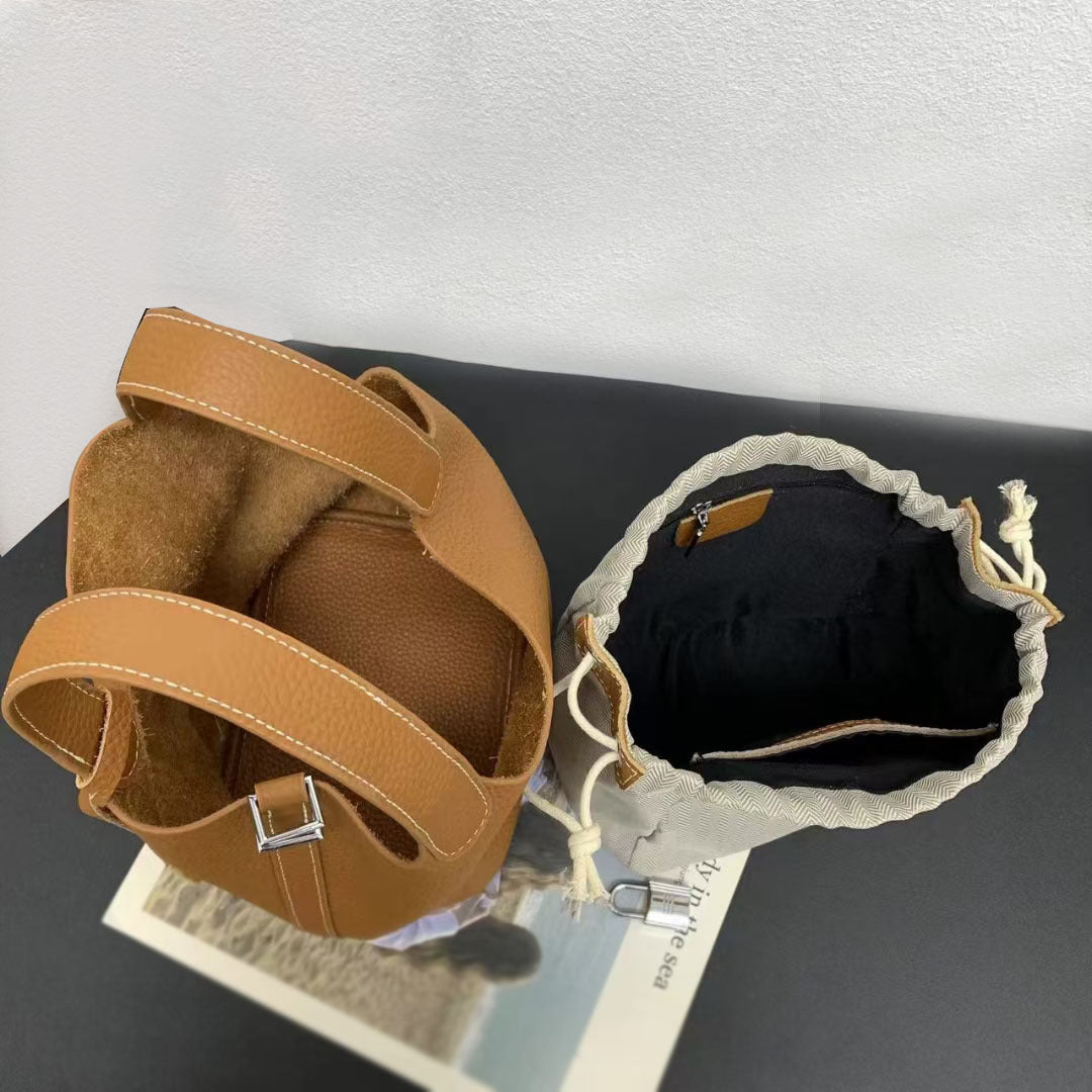 Women's Basket Bag2025New High-End First Layer Cowhide Bucket Bag Casual Handheld Women's Tote Bag Trendy