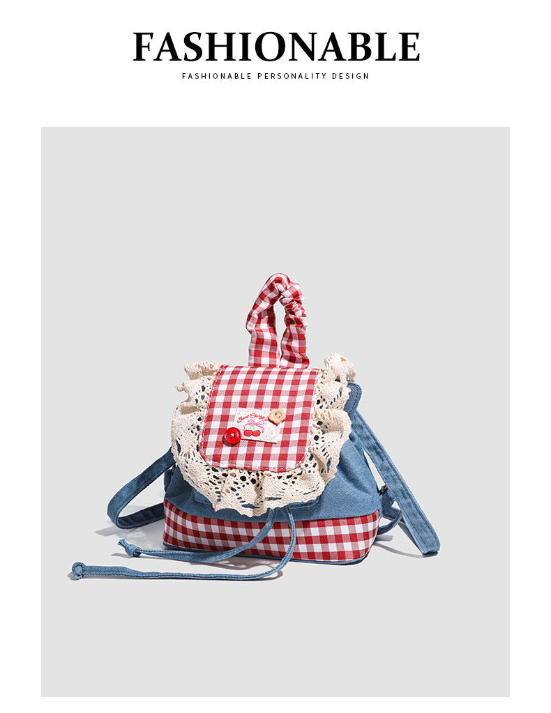 Lace trim denim backpack for women2025New Trendy Fashion Plaid Lace Backpack Handbag Shoulder Bag