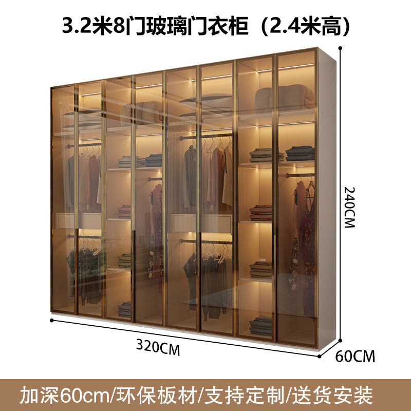 Glass Door Wardrobe with Lights, Solid Wood, Home Bedroom, Modern Simple European Pine Board, Cream Color, Skin Feel Storage, Large Wardrobe