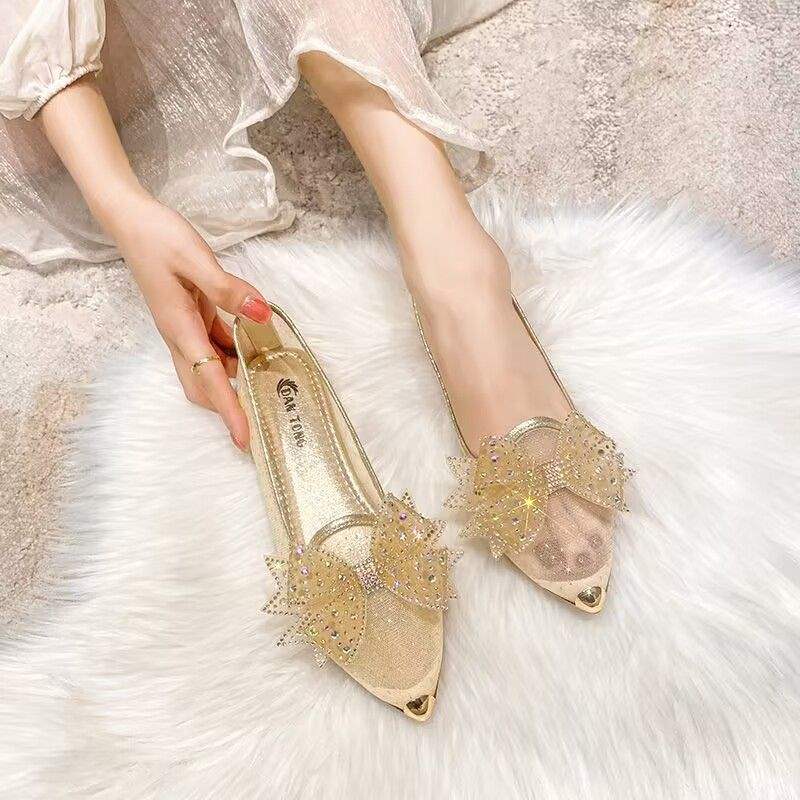 Women's Summer Mesh Single Shoes2025New Rhinestone Bow Gentle Style Lady Shoes Flat Breathable Mesh Shoes Pointed Toe