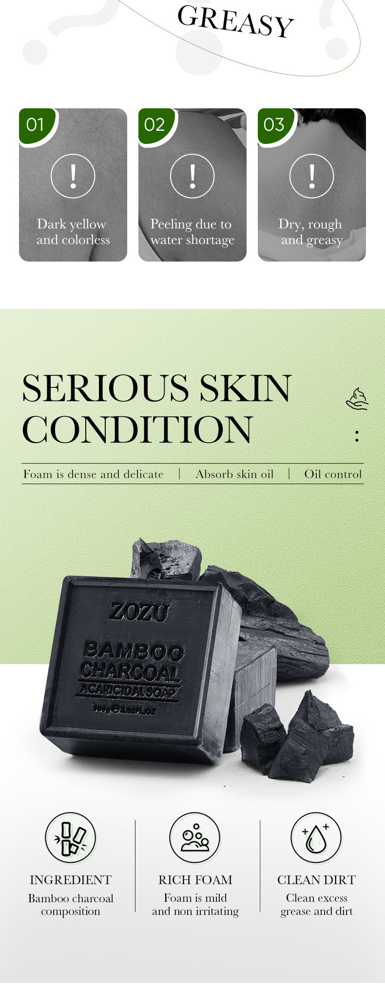 Bamboo Charcoal Soap100g ZOZU Cleansing, bathing, moisturizing essential oil soap  foreign trade wholesale