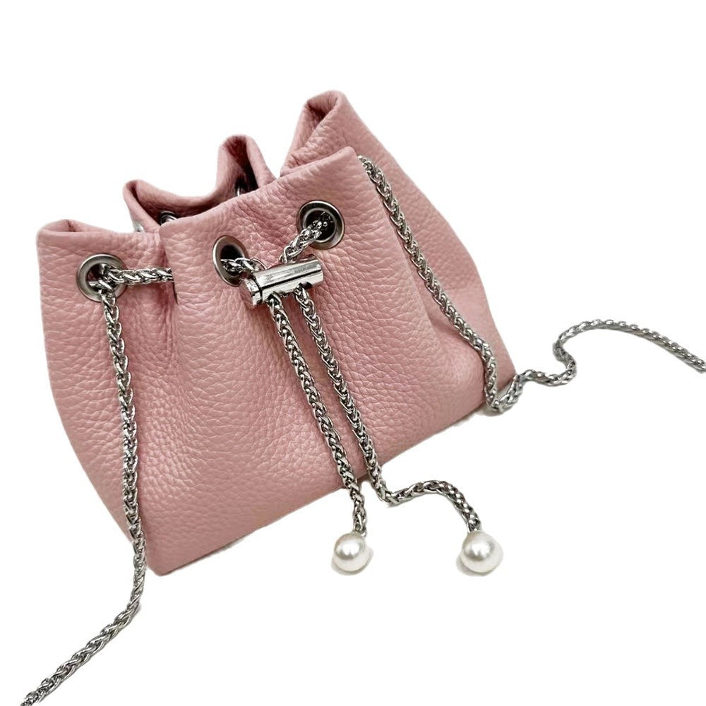 Niche Genuine Leather Bucket Bag for Women2024New Mini Small Bag Top Layer Cowhide Autumn Chain Shoulder Crossbody Bag