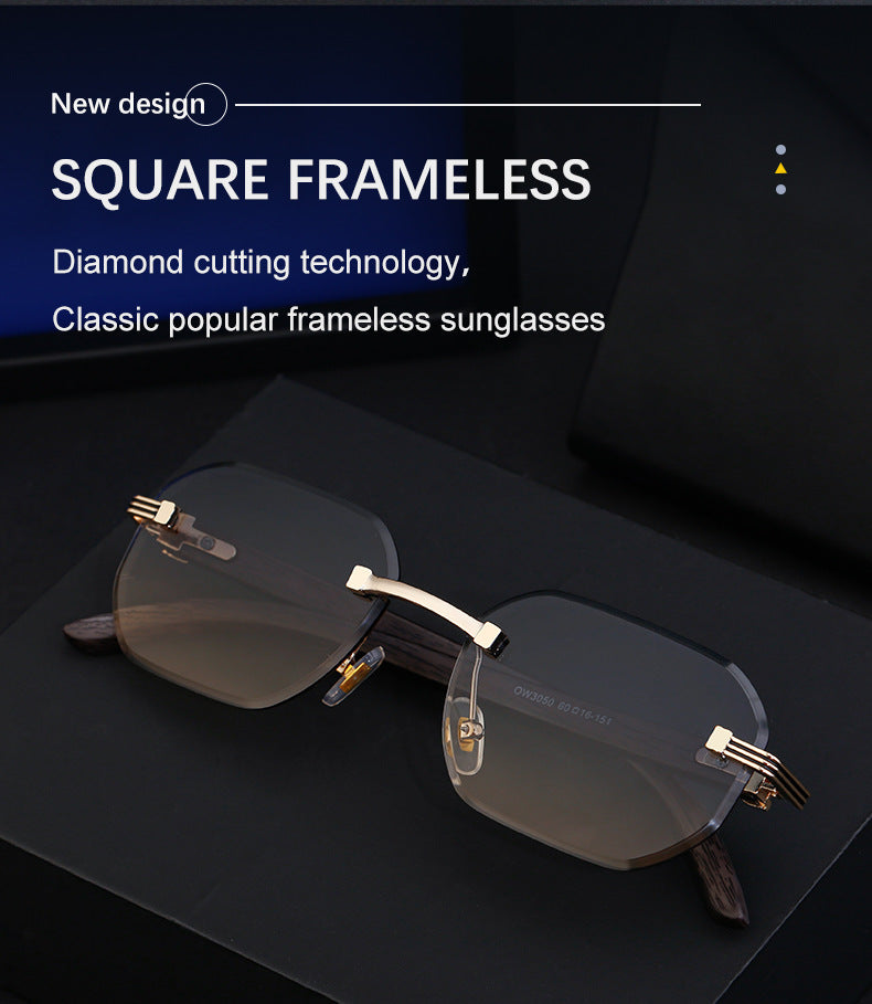 【Customization】Diamond Cut Rimless Glasses for Men, European and American Retro Style, Imitation Wood Grain Temple Sunglasses, Sun Protection Sunglasses