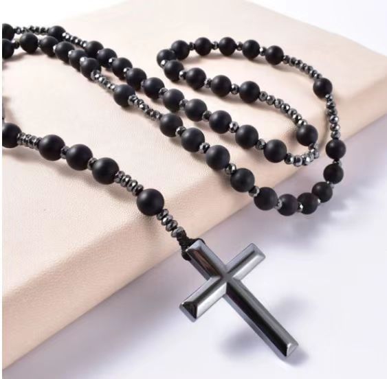 Black Gallstone Elastic Bracelet for Women Friendship Gift Cross Pendant Tiger Eye Blue Vein Agate Beaded Bracelet