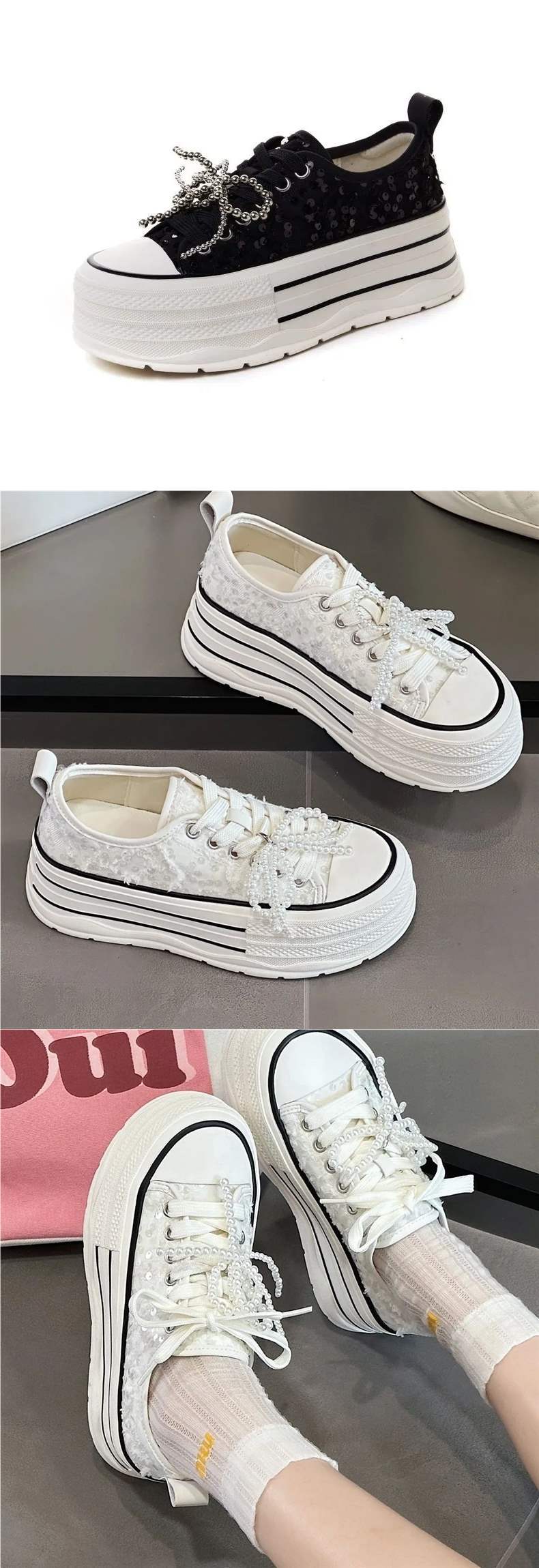 Women's Thick-Soled Canvas Shoes2025Summer New Sequin Pearl White Shoes Lightweight Versatile Height-Increasing Casual Sneakers