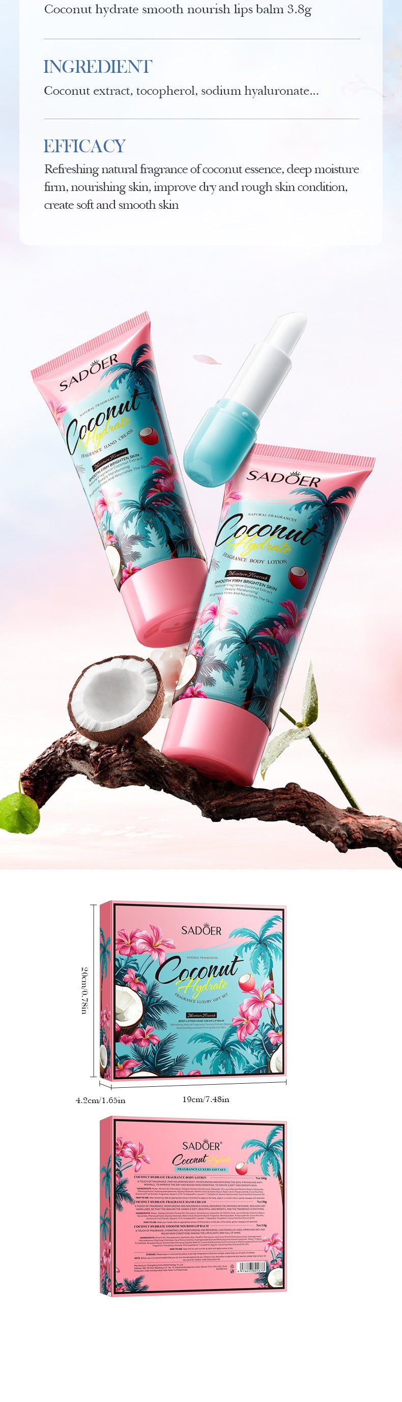 Full English Coconut Fragrance Luxury Care Gift Box SADOER Hydrating Body Lotion Hand Cream Lip Balm  Wholesale