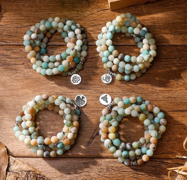 108Pink Quartz Bracelet Lotus Lucky Tree Pendant Labradorite Braided Bracelet Agate Tiger Eye Elastic Bracelet