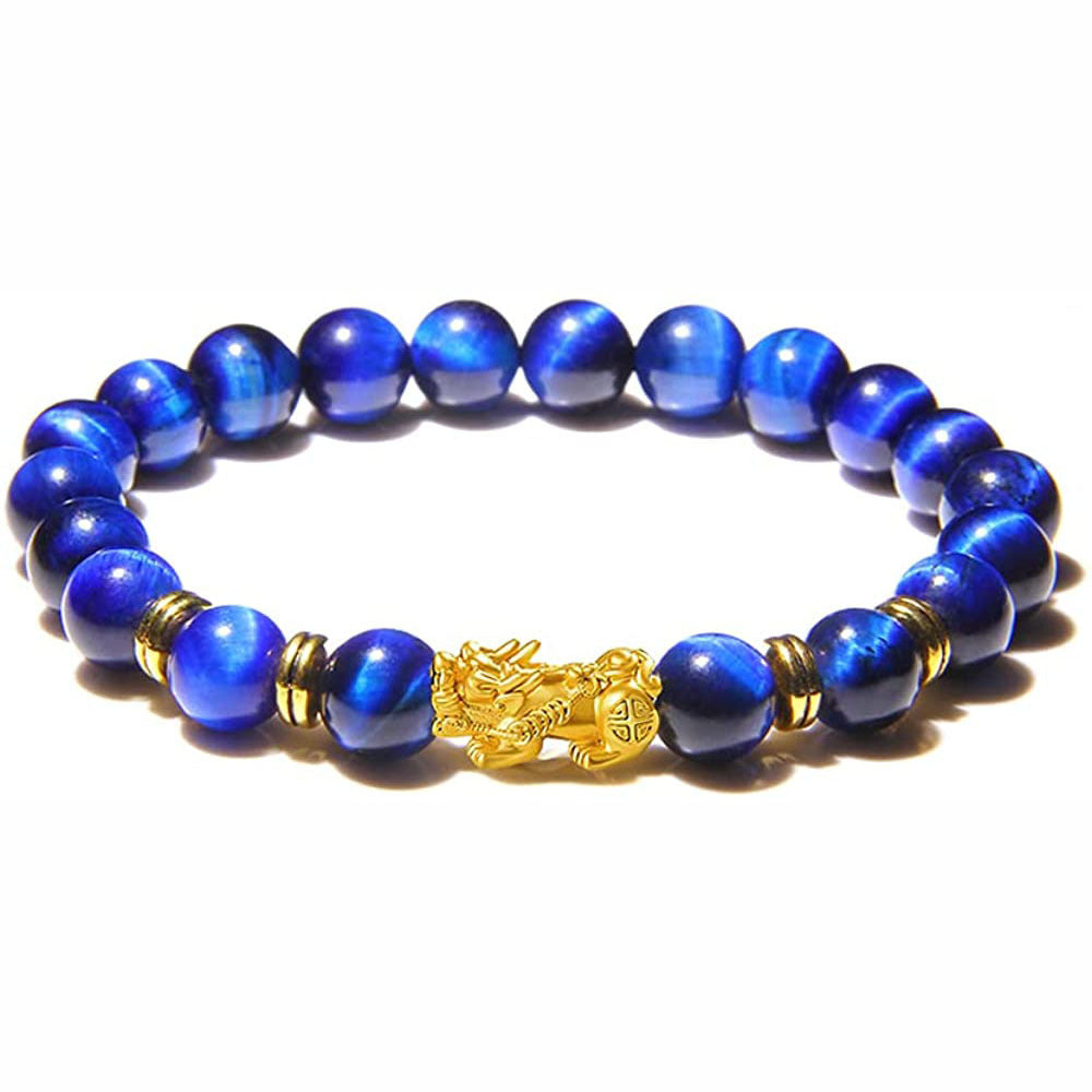 Fortune-Attracting Pixiu Bracelet Men's Gift8mm Blue Tiger Eye Beaded Natural Stone Yellow Tiger Eye Pixiu Bracelet