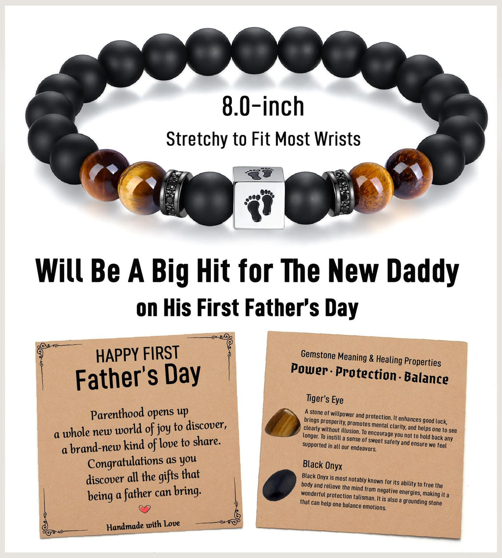 Men's Holiday Gift Bracelet Tiger Eye Stone Bracelet Stainless Steel Foot Sole Father's Day Gift Black Matte Bracelet