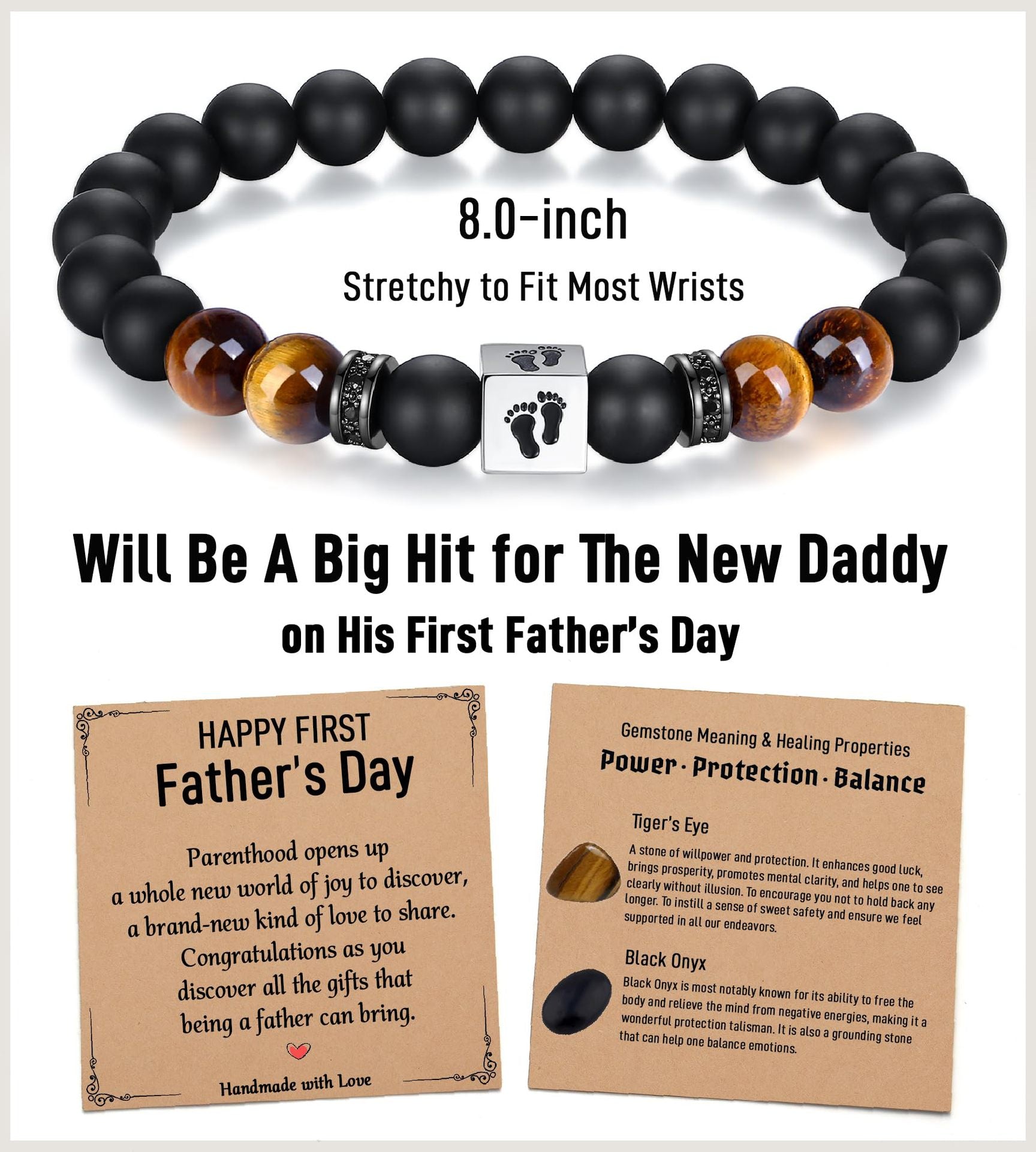 Men's Holiday Gift Bracelet Tiger Eye Stone Bracelet Stainless Steel Foot Sole Father's Day Gift Black Matte Bracelet