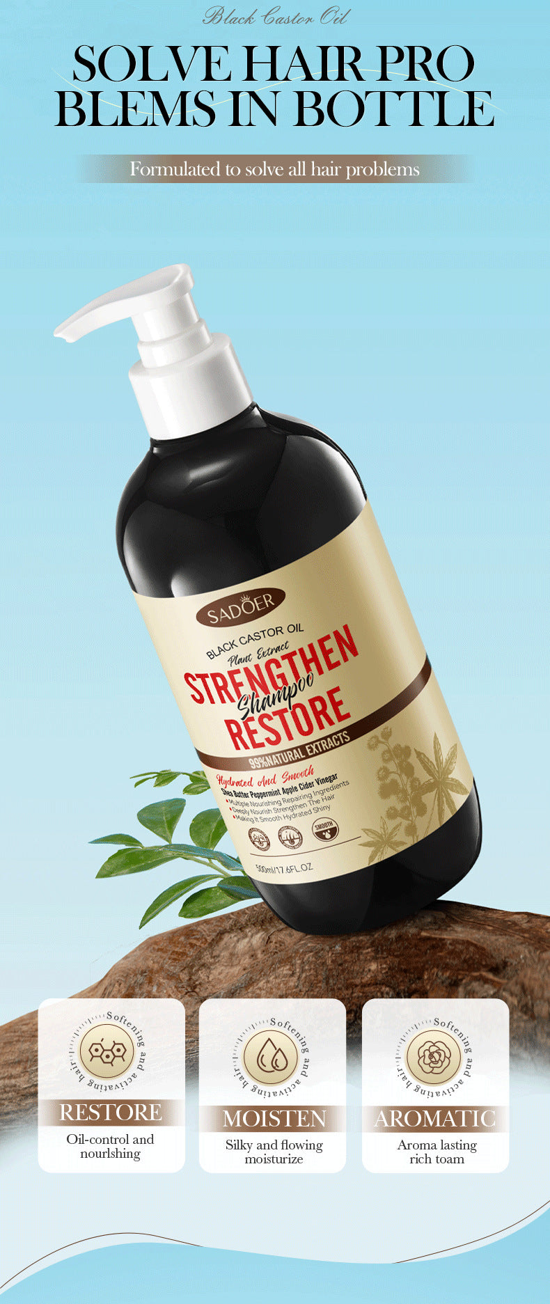 Black Castor Oil Shampoo SADOER Care Nourishing Smooth Anti-Dandruff Shampoo Cross-Border Wholesale