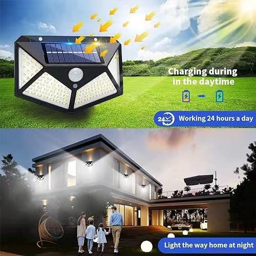 100LED Solar Light Outdoor Wall Light Four-Sided Emitting Street Light Human Body Sensing Garden Garage Landscape Light