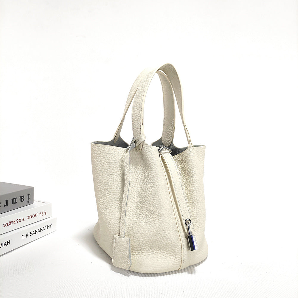 Women's Basket Bag2025New High-End First Layer Cowhide Bucket Bag Casual Handheld Women's Tote Bag Trendy