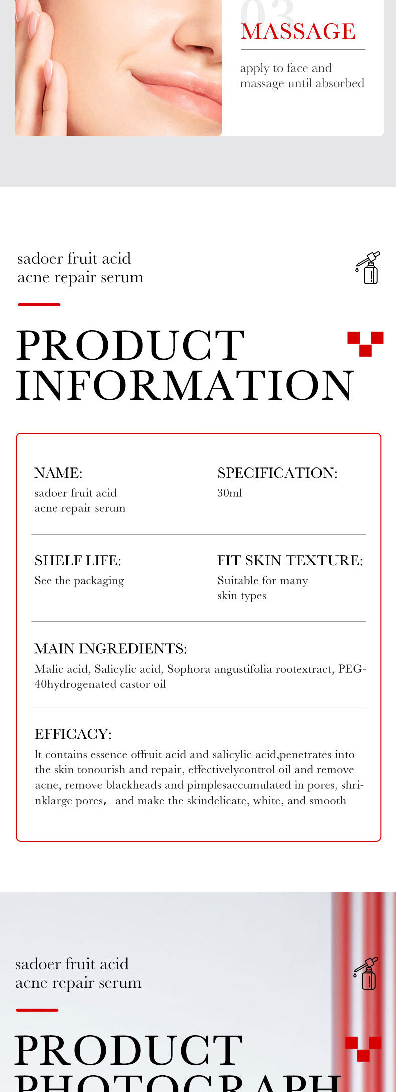 Anti-acne Serum SADOER Fruit Acid Fades Acne Marks, Hydrates and Moisturizes, Cross-Border Wholesale