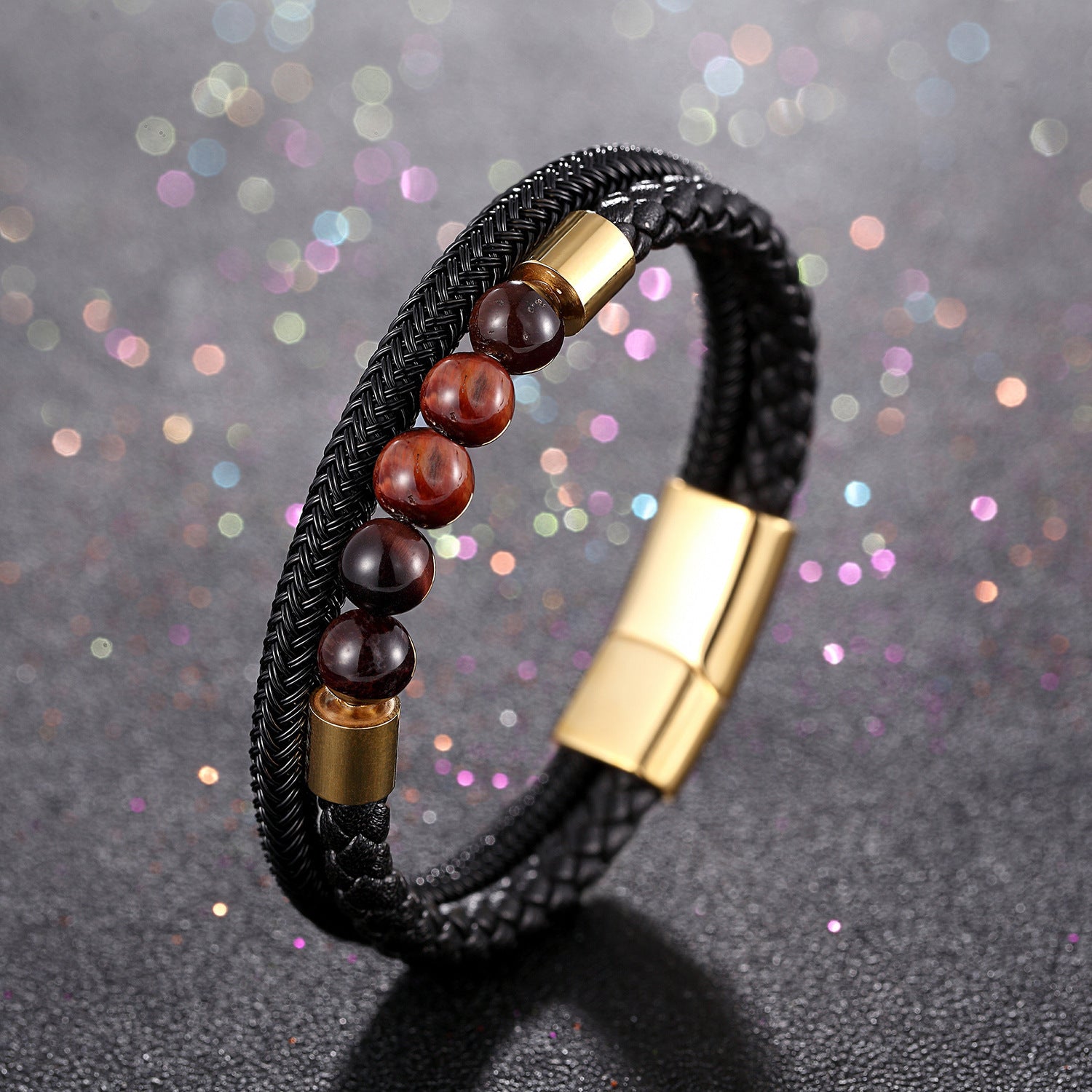 Men's Leather Bracelet Double Layer Bracelet Women's Stainless Steel Magnetic Buckle Bracelet Tiger Eye Stone Leather Bracelet