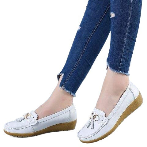 Soft Sole Loafers for Women, Waterproof Leather Casual Wedge Flat Shoes with Rubber Sole for Middle-Aged Moms