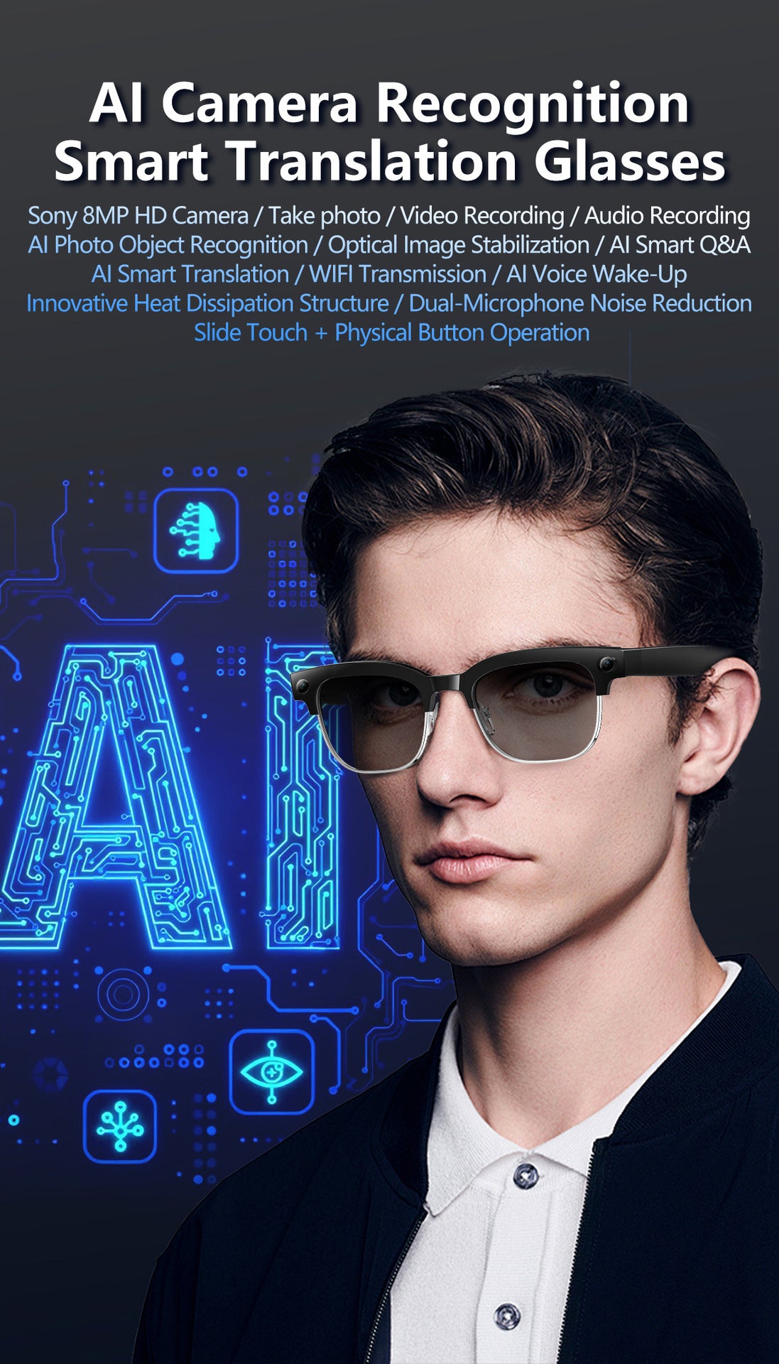 W630Smart Glasses800Megapixel photochromic lens with image stabilization for video recording AI Simultaneous Translation Recognition