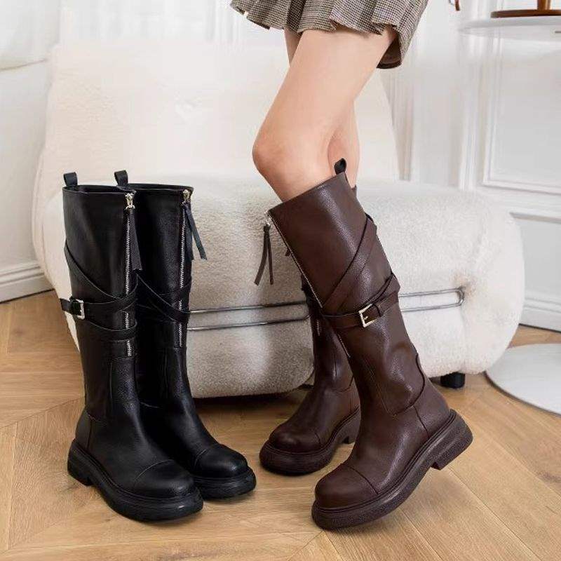 Internet Celebrity Same Style Autumn Medela~Thick-Soled Knight Boots Autumn Winter Retro Style Front Zipper Ghost Emperor Boots Long Boots for Women
