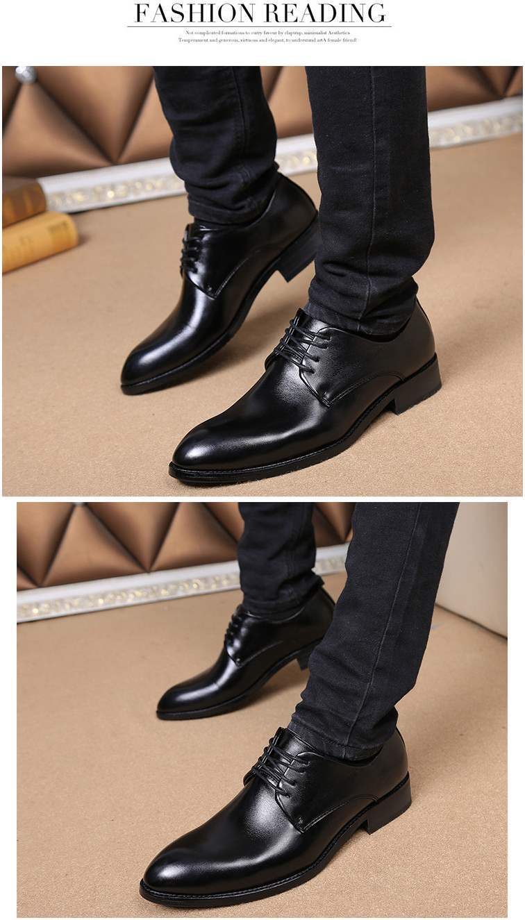 Pointed Toe Lace-Up Business Formal Leather Shoes for Men Korean Version British Style Casual Shoes with Hidden Wedge Versatile Youth Trendy Men's Shoes