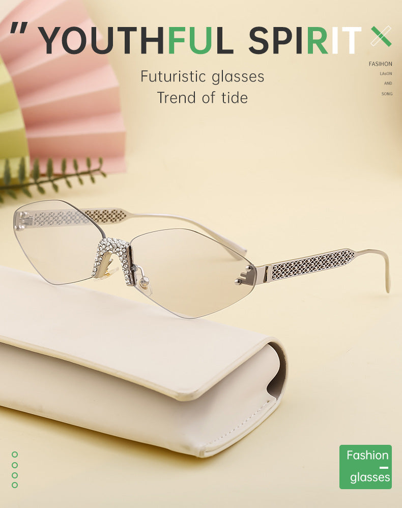 New Diamond Cut Edge Frameless Sunglasses for Women, Diamond-Studded Sunglasses, Sun Protection, Diamond-Shaped Frame Glasses for Women shades