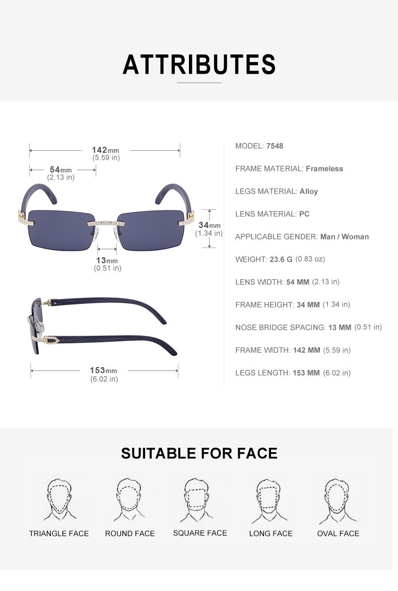 European and American Retro Frameless Men's Sunglasses with Diamond Inlay and Wood Grain Temples New Style Glasses Wholesale shades